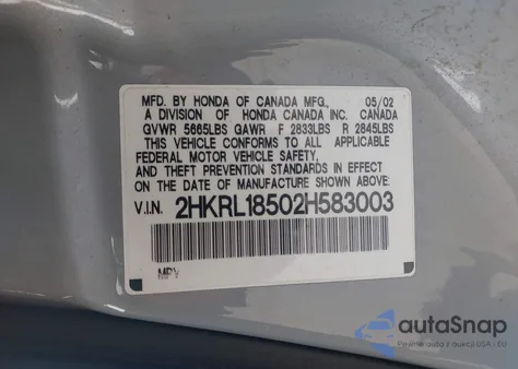 2002 Honda Odyssey Lx from USA, damaged, VIN 2HKRL18502H583003